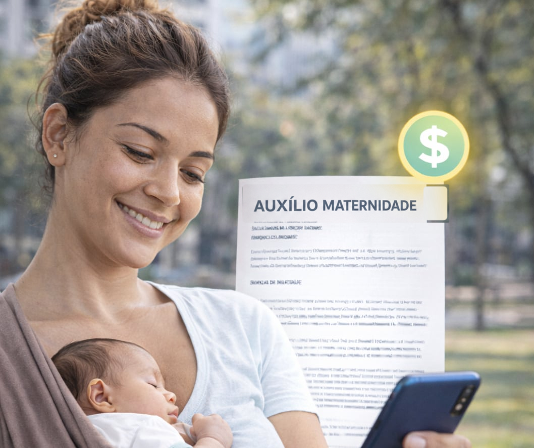 Mãe verificando informações sobre Auxílio Maternidade Urbano