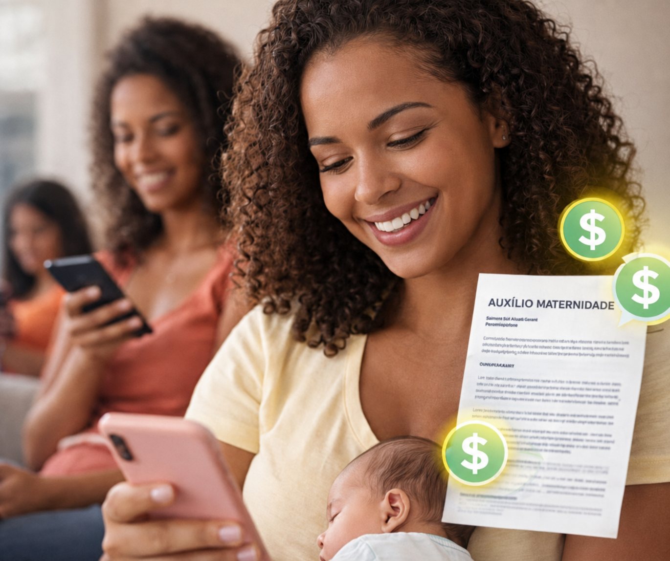 Mãe consultando informações sobre Auxílio Maternidade Urbano